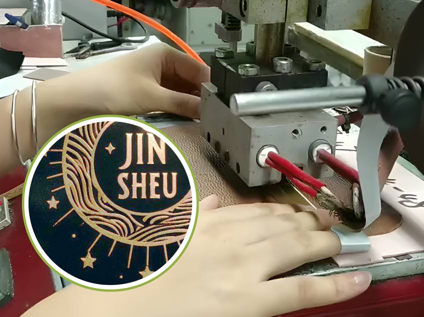 Factory leather foil stamping machine pressing a gold foil pattern onto a leather product.