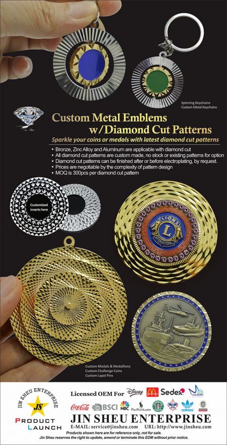 Indywidualne emblematy metalowe z wzorami wycinanymi diamentem