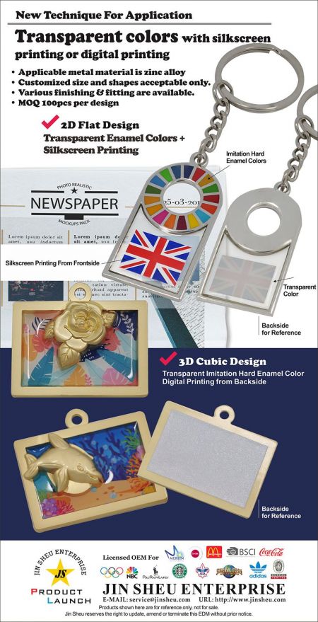 Gennemsigtige farver med silketryk eller digital tryk - Ny teknik til anvendelse. Anvendeligt metalemne er zinklegering.