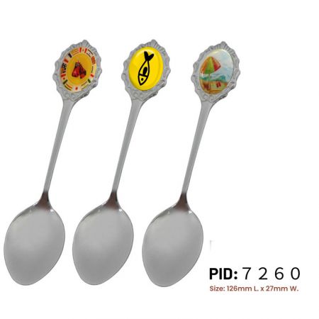 souvenir spoons, each with a custom epoxy sticker