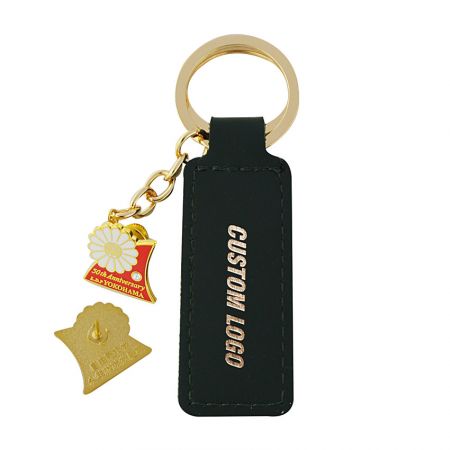 a personalized lapel pin is converted to a leather keychain