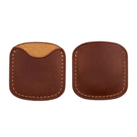front and back view of an empty leather coin pouch holder