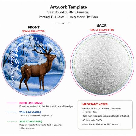 แม่แบบงานศิลปะที่ละเอียดสำหรับป้าย NFC แบบกำหนดเองขนาด 58 มม. โดยระบุขอบและพื้นที่ปลอดภัยสำหรับการสร้างแบรนด์ส่วนบุคคล.