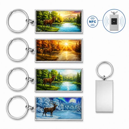 พวงกุญแจ NFC ที่กำหนดเอง - ชุดพวงกุญแจ NFC ที่กำหนดเองที่มีการออกแบบกวางตามฤดูกาลสี่แบบพร้อมมุมมองด้านหน้าและด้านหลังที่ทำจากโลหะ.
