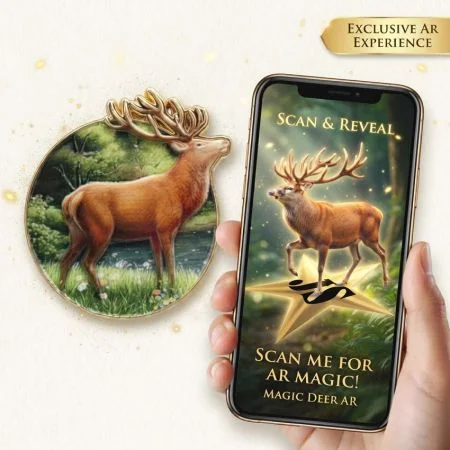 Imãs de Fridge Personalizados em AR - Ímã de geladeira personalizado em realidade aumentada apresentando um design de alce 3D com fundo de floresta, exibido ao lado de um smartphone mostrando uma animação interativa de cervo em AR