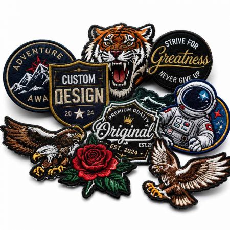 Custom Embroidery Products - Custom embroidered patches collection featuring premium embroidered badge designs including a tiger, astronaut, mountain, eagles, rose, motivational patch, and shield emblem.