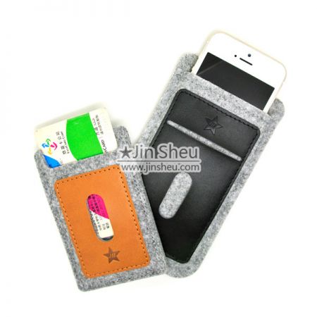 Suporte de telefone e cartão em couro e feltro para iPhone