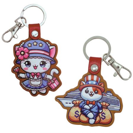 Leather Keychain with UV Printing - two UV printed personalised leather keyrings with wealthy cat caricature theme