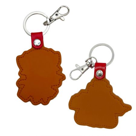 back side views of personalized leather keychain showing debossed dash lines