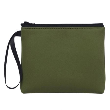 Custom Neoprene Cosmetic Bags - Olive green neoprene cosmetic pouch with zipper and wrist strap, minimalist design for custom branding