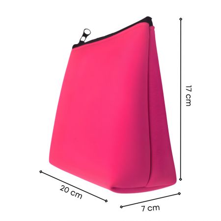 Pink neoprene cosmetic bag dimensions illustration, 20 cm length, 17 cm height, and 7 cm width trapezoidal shape