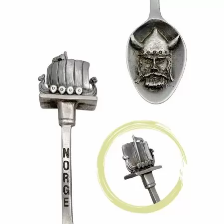 ハンドルに3D船のモチーフとヴァイキングの深い浮き彫りが施されたお土産用スプーン