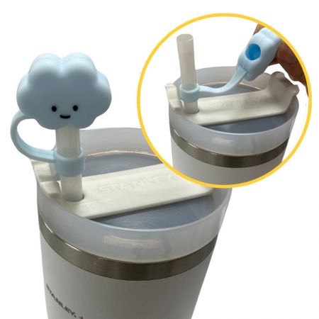 a cloud designed straw cap cover in a stanly cup
