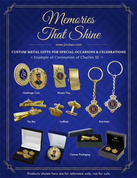 Egyedi fém ünnepi ajándékok: érmék, nyakkendőcsatok, mandzsettagombok, kulcstartók és még sok más - Egyedi fém ünnepi ajándékok III. Károly koronázására
