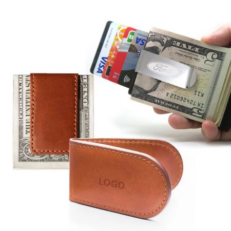 Nahkaiset rahaklipsit - tukkumyynti mukautetulla logolla varustettu nahkainen rahaklipsi ja luottokorttiteline
