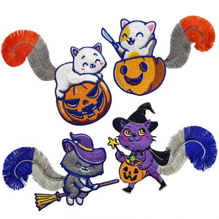 タッセルテール猫刺繍パッチ - 子供向けの卸売り刺繍ハロウィン猫パッチ