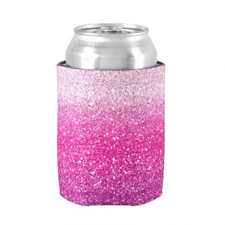porta latas de neopreno personalizados de color rosa con purpurina
