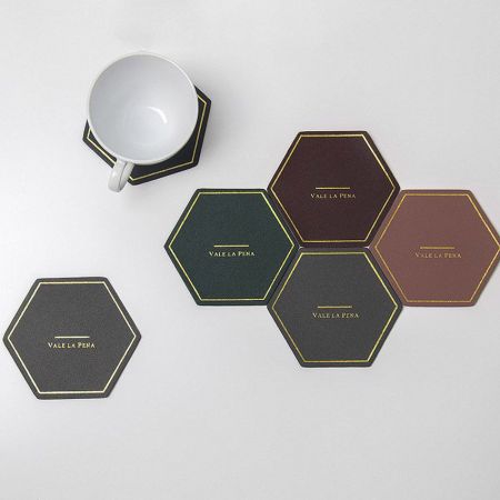 wholesale promotional branded hexagon leather coasters