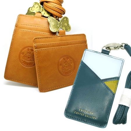 Porta tarjetas de identificación de cuero - Portatarjetas de cuero con logotipo personalizado en relieve y correa para el cuello