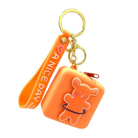 Benutzerdefinierte orangefarbene quadratische Ladebörse Schlüsselanhänger mit Gummiband