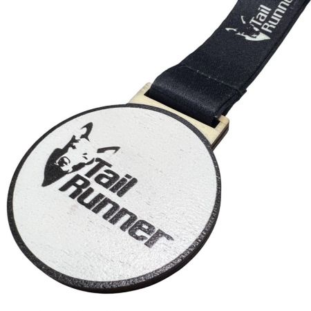 custom UV printed wooden medal with black ribbon