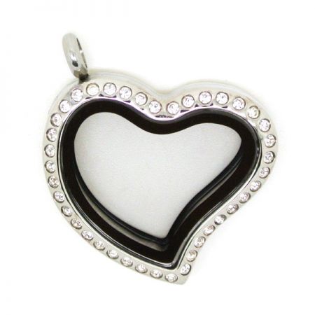 Heart Shape Floating Charm Locket with Gemstones - Heart Shape Rhinestone Floating Charm Locket