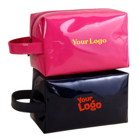 Faux Leather Travel Amenity Bags - Shiny PU cosmetic bag with printed logo