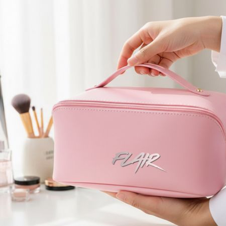 Leather Cosmetic Vanity Case - Pink leather cosmetic bag with a silver foil stamped logo