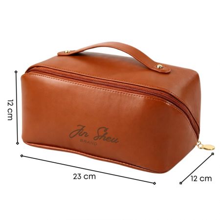 ブラウンレザーの旅行用メイクアップバッグの寸法