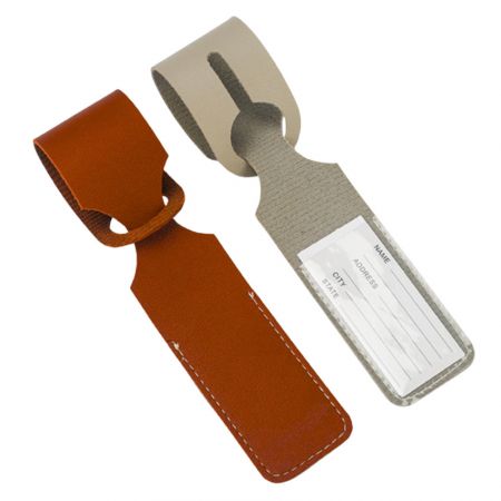 Etichette per borse da viaggio in pelle - Etichetta per bagagli a striscia lunga in pelle che mostra il fronte e il retro con inserto informativo