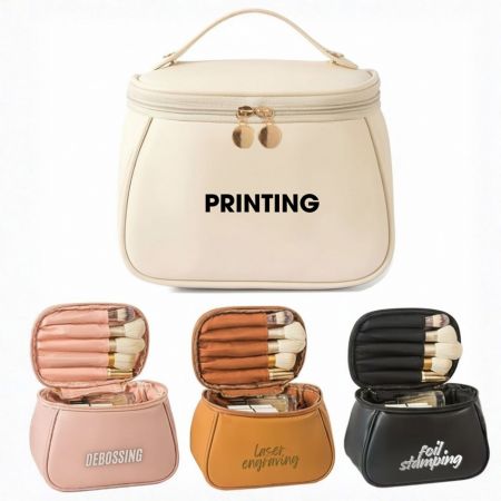 PU travel cosmetic bags displayed in four stock colors