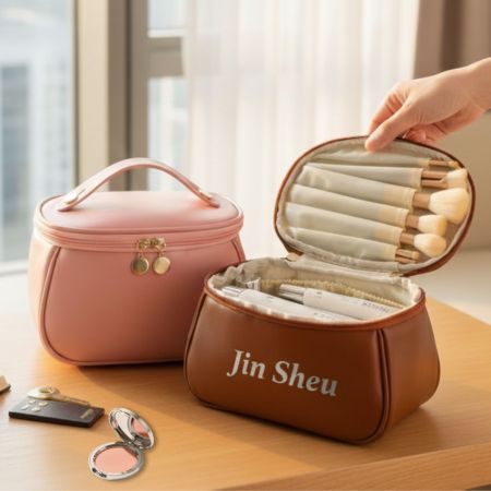 Pink and brown leather vanity cases, one hand opening the brown case to show the interior