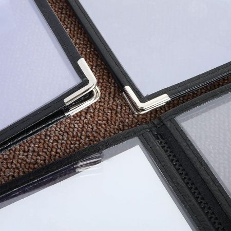 Protective metal corners on leather menu book