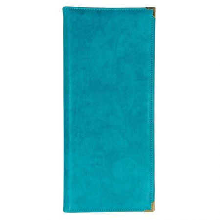 livro de menu em couro azul aqua