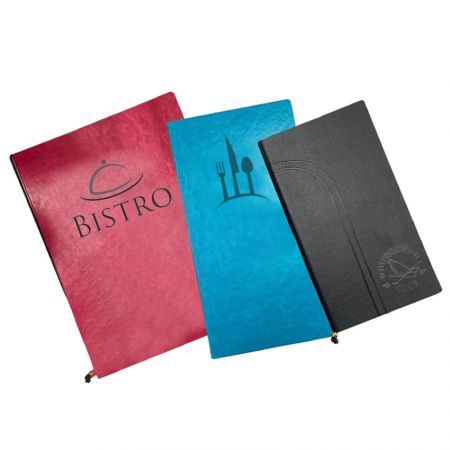 Portamenús de cuero con logotipo personalizado - Cubiertas de menú en stock con tres tamaños diferentes