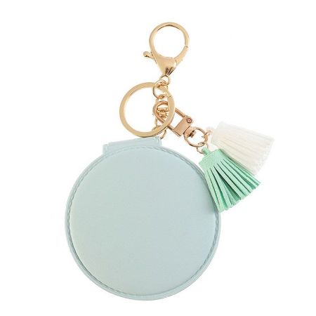 Light Blue Round Leather Compact Mirror with Tassel