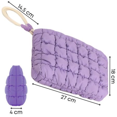 Фиолетовая стеганая косметичка с съемным браслетом, размеры 27 см x 18 см x 4 см.