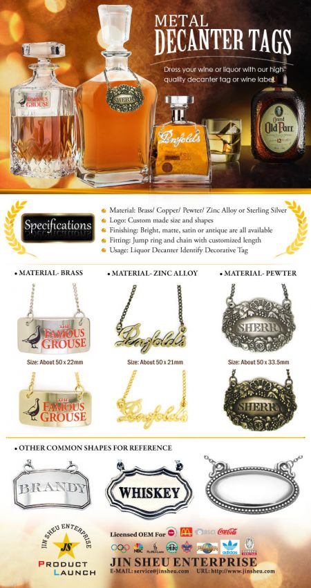 Metal Decanter Tags - Dress your wine or liquor with our high quality decanter tag or wine label.