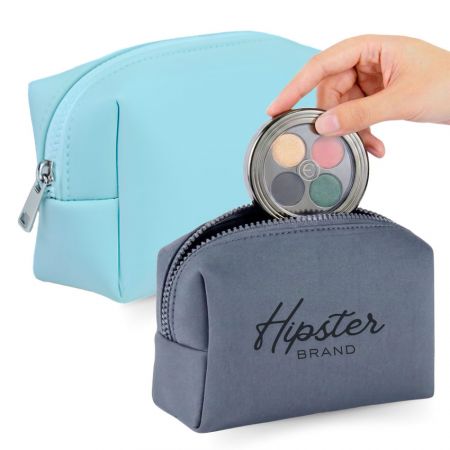 Neoprene Makeup Bag - Custom printed neoprene makeup pouch with zipper opening holding eyeshadow palette and cosmetics