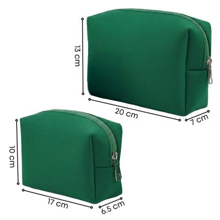 Neoprene cosmetic bag size options with dimensions showing small and large pouch measurements