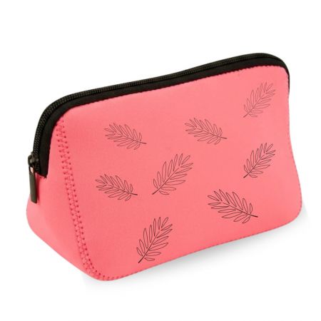 Neoprene Makeup Pouches - Pink neoprene cosmetic pouch with zipper and custom leaf pattern print showcasing branding options