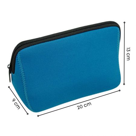 Neoprene cosmetic pouch with trapezoidal shape showing dimensions 20 cm length, 13 cm height, and 9 cm width