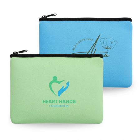 Neoprene Travel Makeup Bags - Custom printed neoprene flat pouch in blue and green with logo branding for promotional use