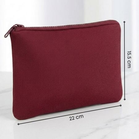 Neoprene travel makeup bag dimensions illustration showing 22 cm width and 15.5 cm height