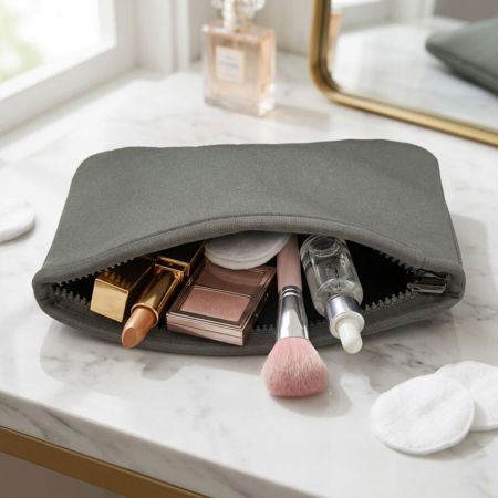 Gray neoprene makeup pouch with zipper, filled with cosmetics and beauty products on vanity table