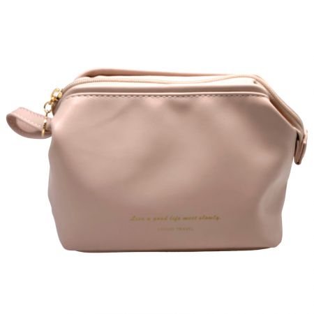 Frontal view of leather vanity bag