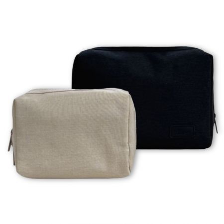 Recycled Cosmetic Bags - Minimalist gray recycled rPET cosmetic bag with double zipper closure and structured rectangular design.