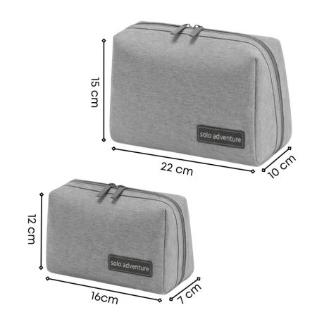 Tùy chọn kích thước túi mỹ phẩm tái chế rPET cho thấy túi trang điểm lớn và nhỏ với kích thước cho việc lưu trữ khi đi du lịch.