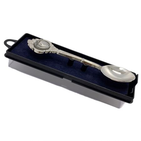 Vista lateral de la cuchara de recuerdo en una caja de plástico transparente