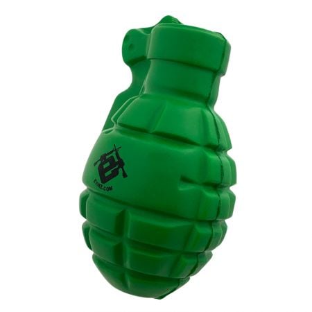 quarter view of a grenade anti stress toy showing a brand name